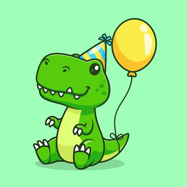 Linda fiesta de cumpleaños de dinosaurio con globo de dibujos animados Vector icono ilustración Animal vacaciones aislado