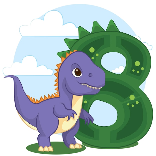 Vector linda fiesta de cumpleaños de dinosaurio con ilustración de numeración número seis 8 con tiranosaurio