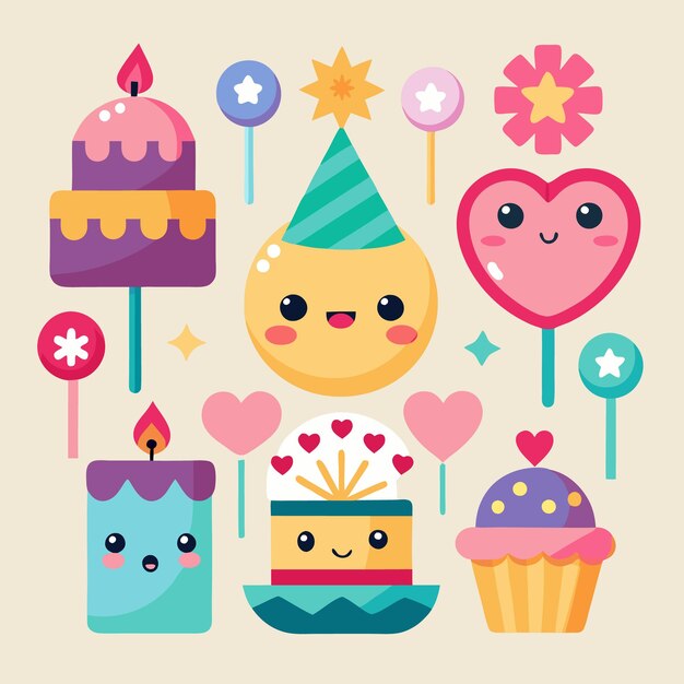 Linda fiesta de cumpleaños con varios pasteles pastel de pastel de piruleta corazón y vela ilustración con cara sonriente