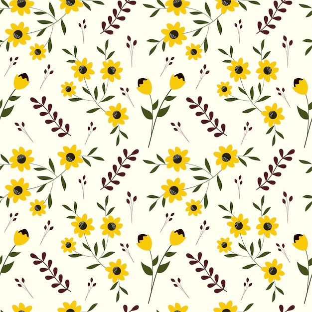 Linda flor amarilla dibujada a mano en primavera de patrones sin fisuras para impresión textil