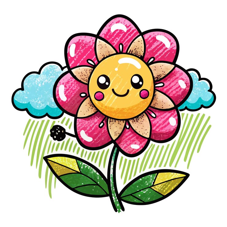Vector una linda flor de dibujos animados con una cara sonriente dibujada con trazos de lápiz de colores sobre un fondo blanco