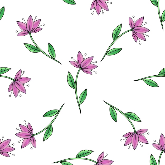 Linda flor de lirio decorativa con estambres y hojas de patrones sin fisuras Ilustración vectorial Estilo de dibujos animados planos