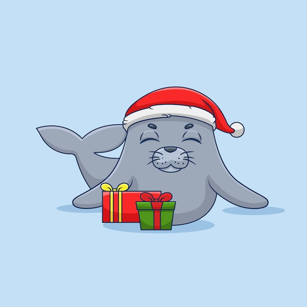 Una linda foca usando la ilustración del sombrero de Navidad