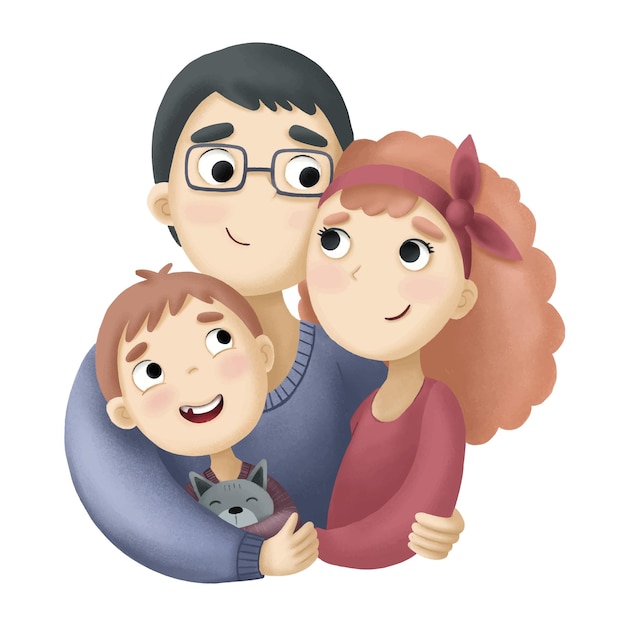 Vector linda foto de dibujos animados con mamá, papá, hijo y gato de la familia