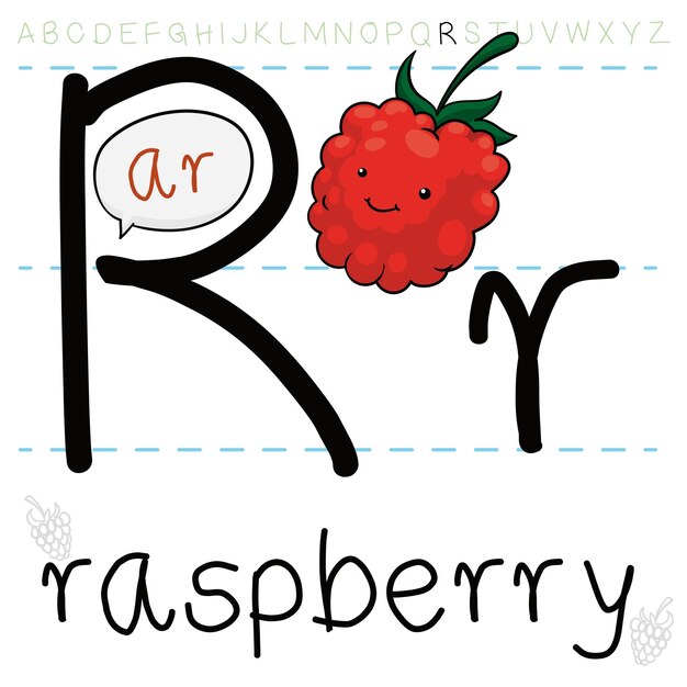 Linda frambuesa con hojas diminutas para la lección de gramática de la letra 'R' y su pronunciación en inglés