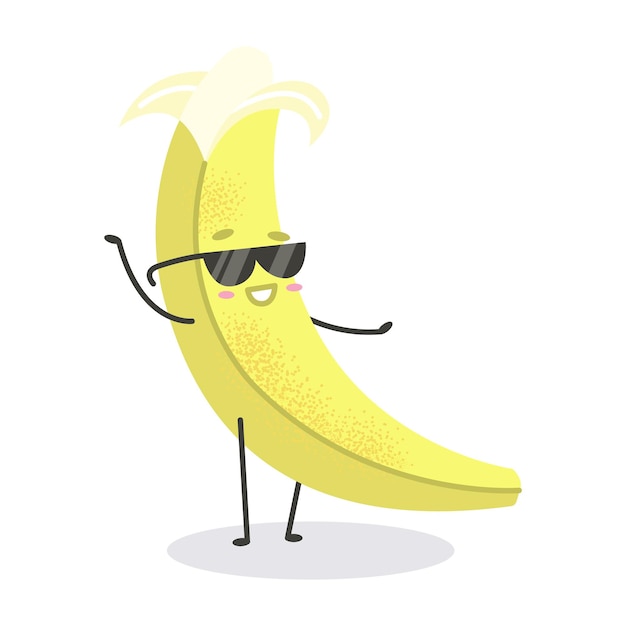 Linda fruta de plátano feliz en gafas de sol icono de ilustración de carácter vectorial aislado en blanco