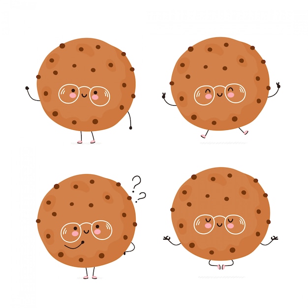 Linda galleta feliz con conjunto de caracteres de chispas de chocolate. Aislado en blanco Diseño de ilustración de personaje de dibujos animados de vector, estilo plano simple. Cookie caminar, saltar, pensar, meditar concepto