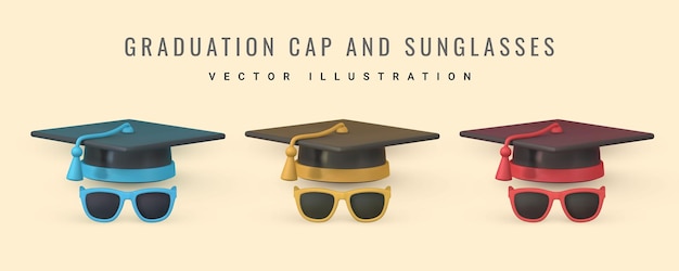 Linda gorra de graduación de dibujos animados y gafas de sol Concepto de ceremonia de grado de educación Ilustración vectorial