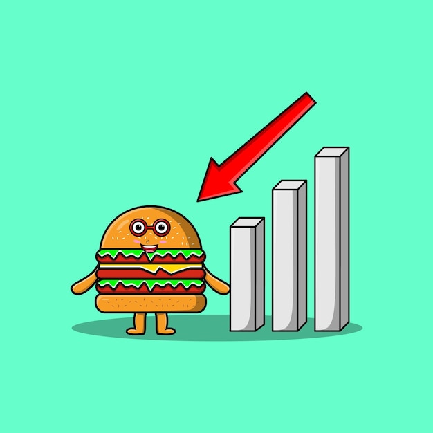 Vector linda hamburguesa de dibujos animados con ilustración gráfica de signo hacia abajo en un diseño moderno plano 3d