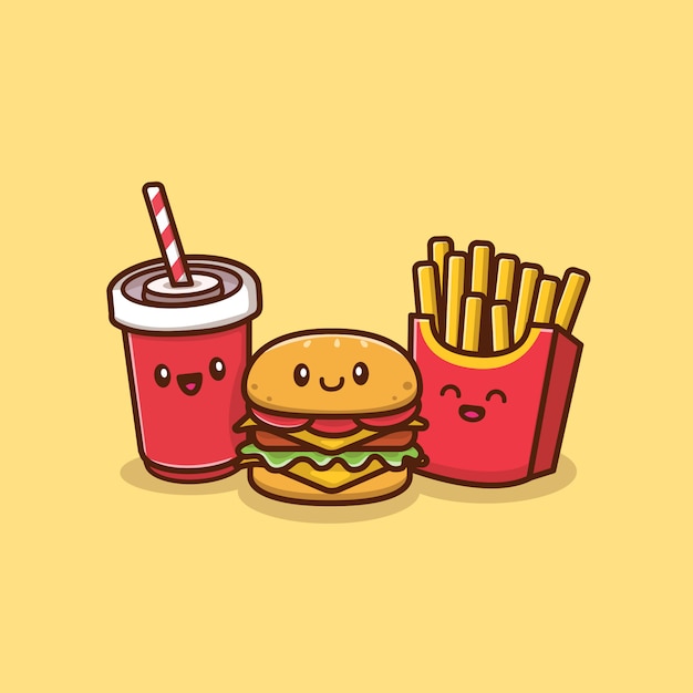 Linda hamburguesa con refresco y papas fritas icono ilustración. concepto de icono de comida y bebida aislado. estilo plano de dibujos animados