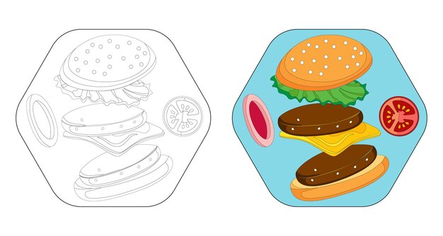 linda hamburguesa sabrosa y deliciosa. Libro o página para colorear