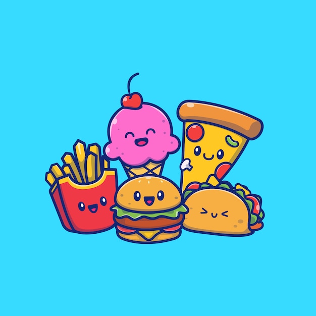 Vector linda hamburguesa con taco, papas fritas, pizza y helado icono de dibujos animados ilustración. concepto de icono familiar de alimentos aislado. estilo plano de dibujos animados