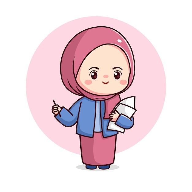 Linda hijab chica mujer de negocios con papel y bolígrafo kawaii chibi