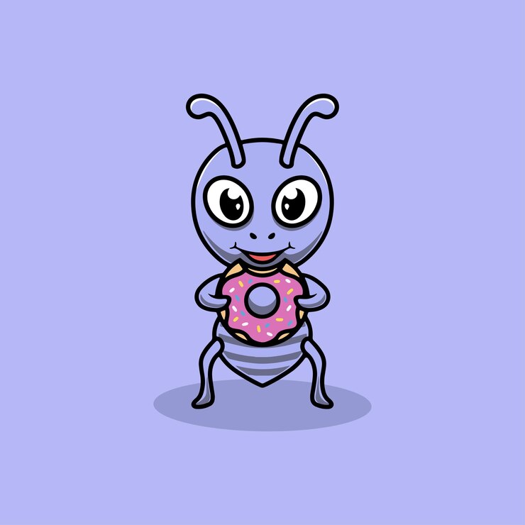 linda hormiga comiendo donut ilustración de dibujos animados