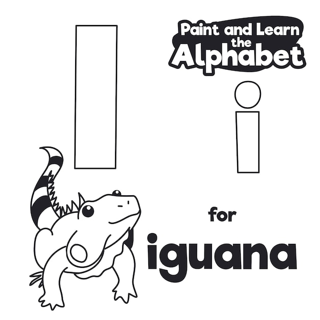 Linda iguana con cola larga en alfabeto didáctico lista para colorearla para aprender el alfabeto fácilmente