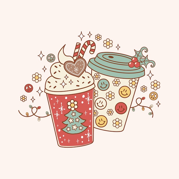 linda ilustracin navidea estilo retro caf o chocolate caliente navideo