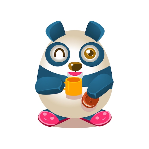 Vector linda ilustración de actividad de panda con personaje de oso de dibujos animados humanizado bebiendo té y comiendo galletas en pantuflas