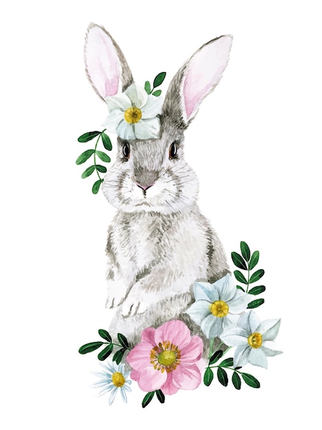 linda ilustración de acuarela con conejito de pascua dibujo realista de una liebre de conejo con flores