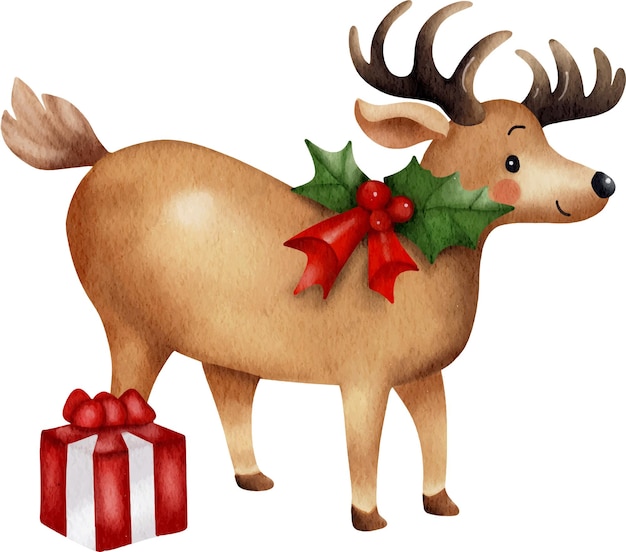 Linda ilustración en acuarela del personaje del reno para Navidad