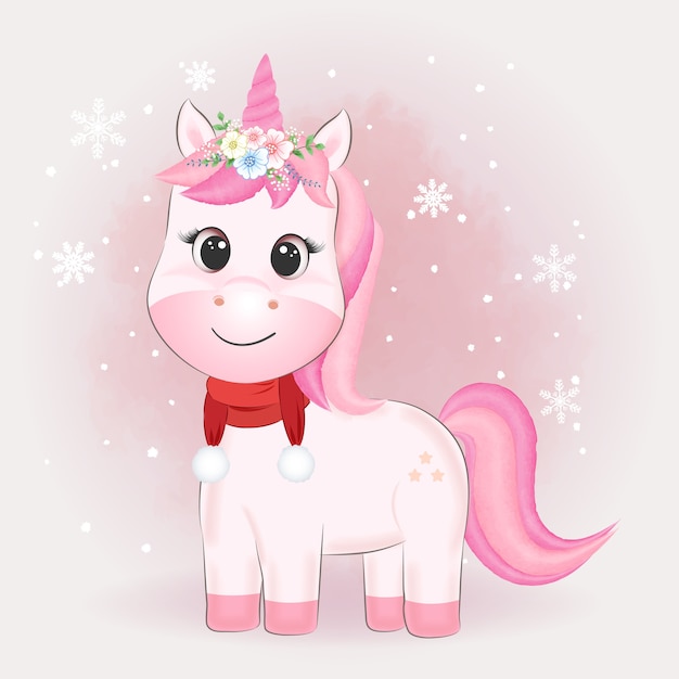 Linda ilustración acuarela unicornio y copo de nieve