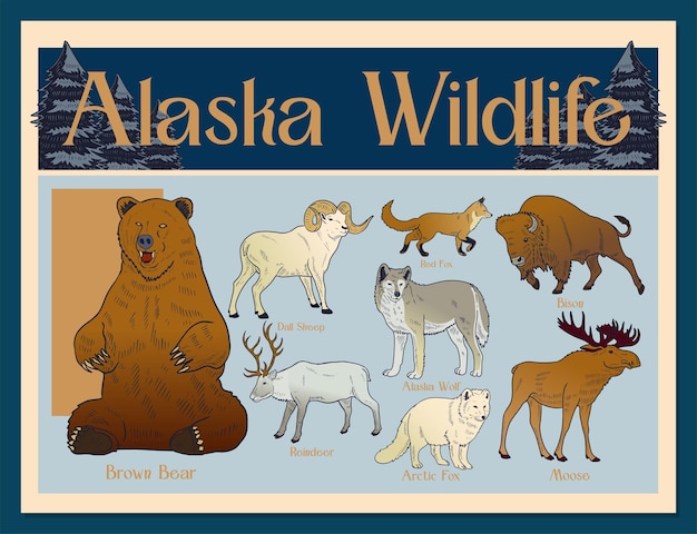 Linda ilustración de animales de Alaska para libro infantil o plantilla de póster