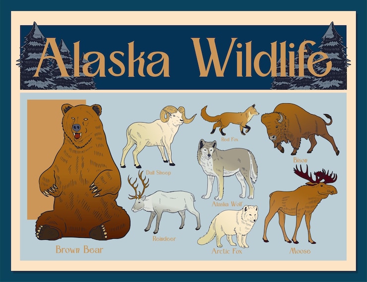 Vector linda ilustración de animales de alaska para libro infantil o plantilla de póster