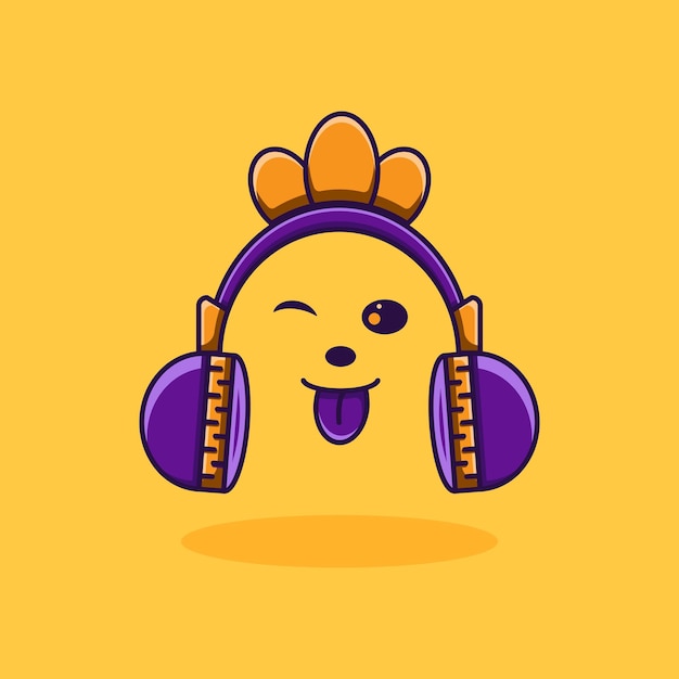 Linda ilustración de auriculares con corona dorada y cara divertida escuchando música Icono de auriculares logo de música