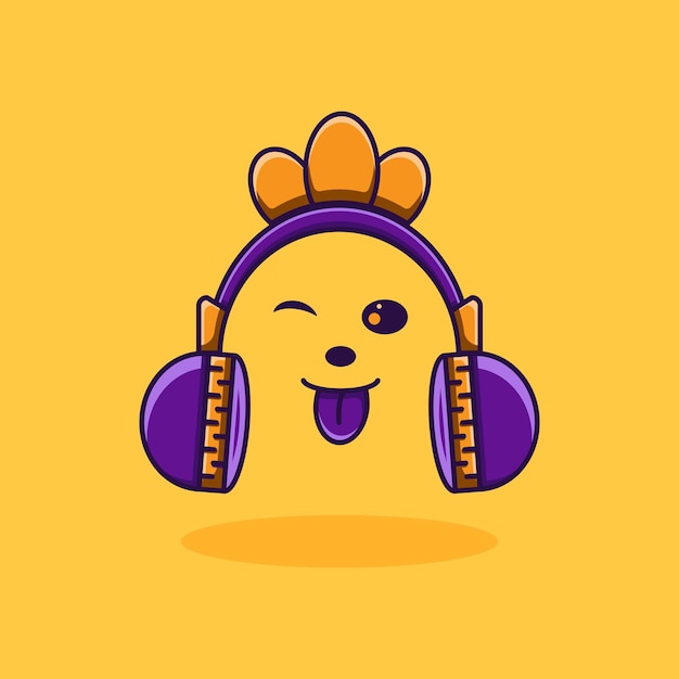 Vector linda ilustración de auriculares con corona dorada y cara divertida escuchando música icono de auriculares logo de música