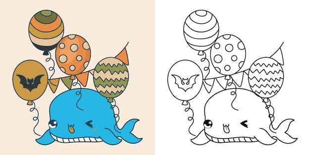 Linda ilustración de ballena de halloween y página para colorear