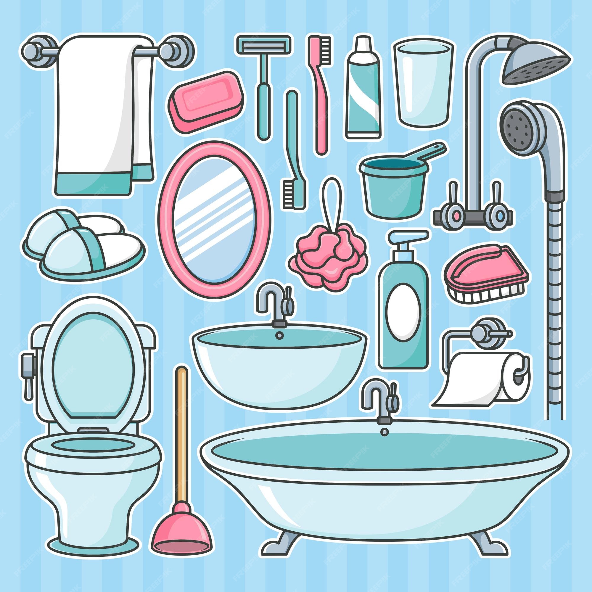 Linda ilustración de dibujos animados de cosas en el baño | Vector Premium