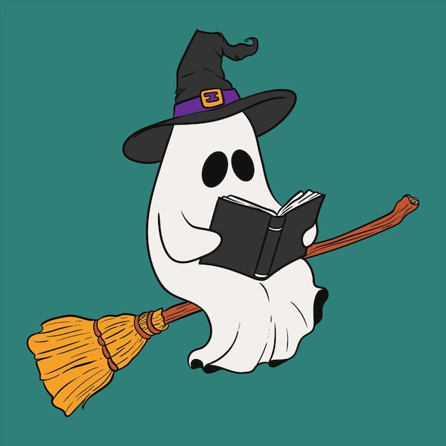 una linda ilustración de dibujos animados de un fantasma sentado en una escoba con un sombrero de bruja leyendo un libro