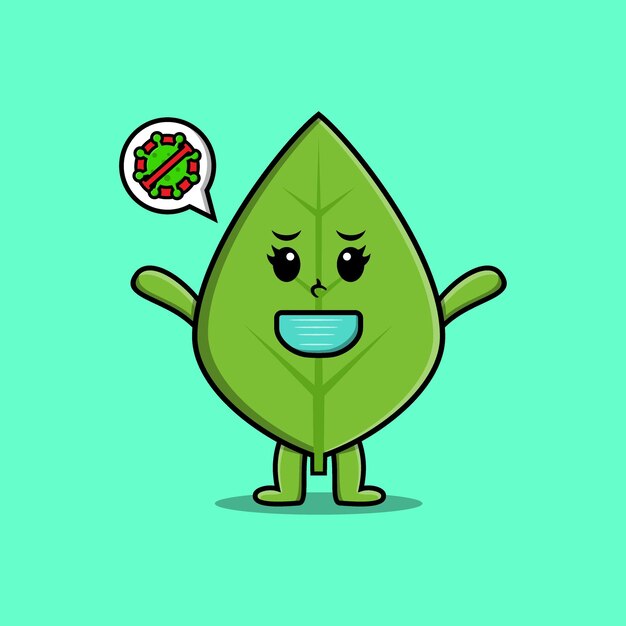 Linda ilustración de dibujos animados hoja verde usando máscara para prevenir el virus corona en un lindo diseño de estilo moderno