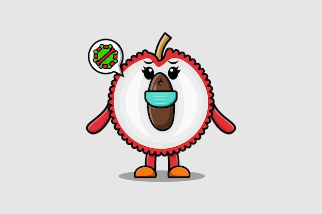 Linda ilustración de dibujos animados Lychee usando máscara para prevenir virus en un lindo diseño de estilo moderno