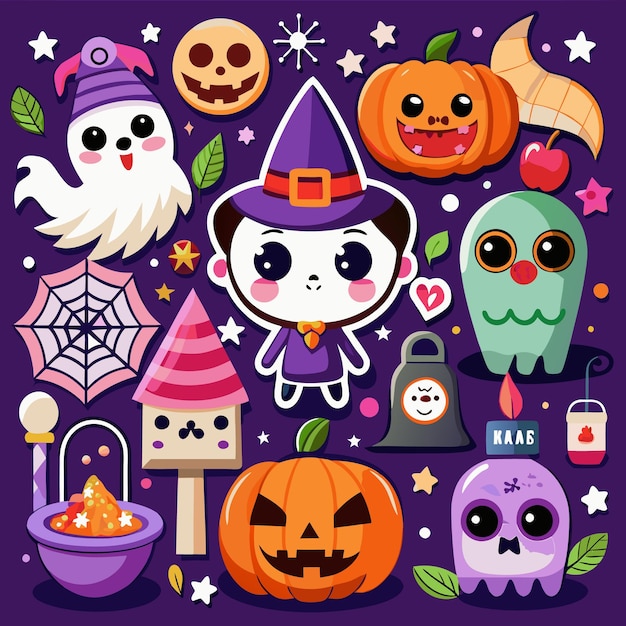 Linda ilustración de dibujos animados de personajes de Halloween incluyendo fantasmas calabazas una bruja una tela de araña y más