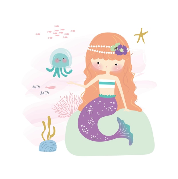 la linda ilustración de dibujos animados de la sirena