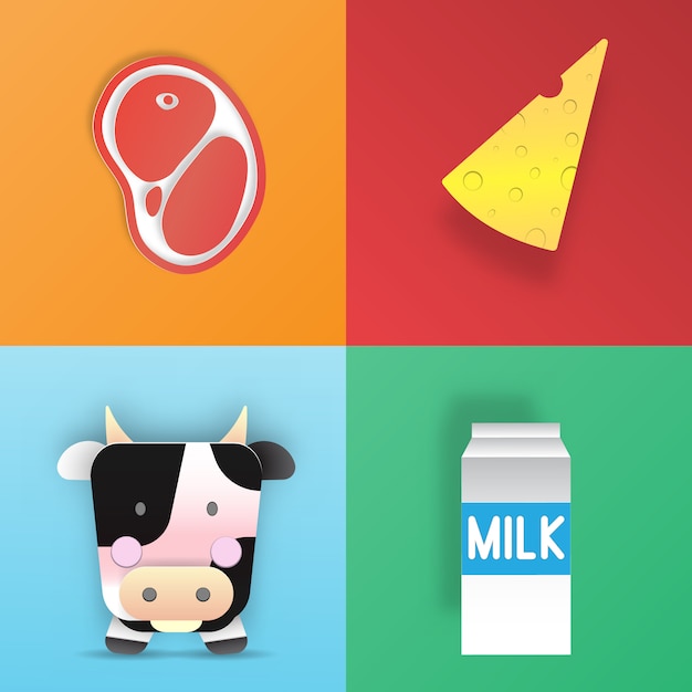 Vector linda ilustración de dibujos animados de una vaca y productos que obtenemos de ella en el estilo de papel 3d en capas