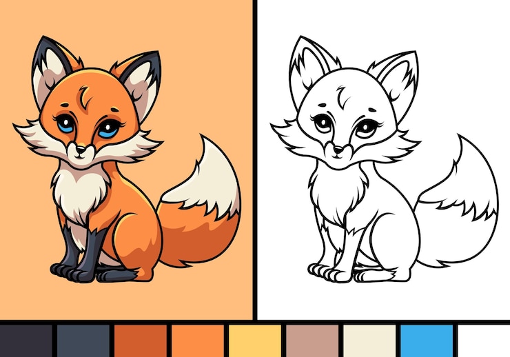 Vector linda ilustración de dibujos animados de zorro en el estilo de página para colorear bebé animal salvaje