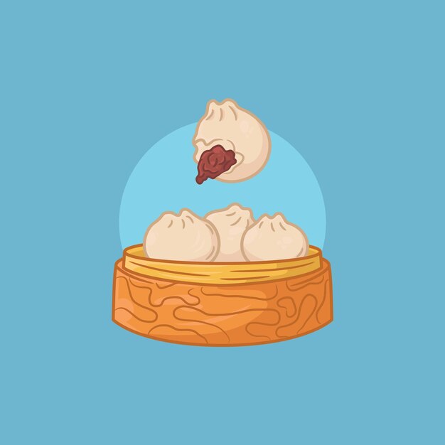 Linda ilustración de dimsum en canasta sobre fondo azul comida japonesa