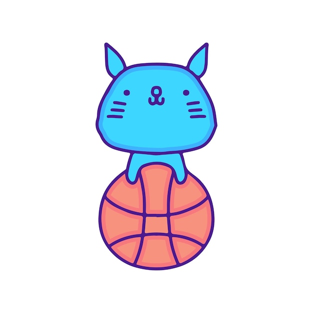 Linda ilustración de doodle de gatito y baloncesto, con estilo pop suave y dibujos animados de estilo antiguo de los 90