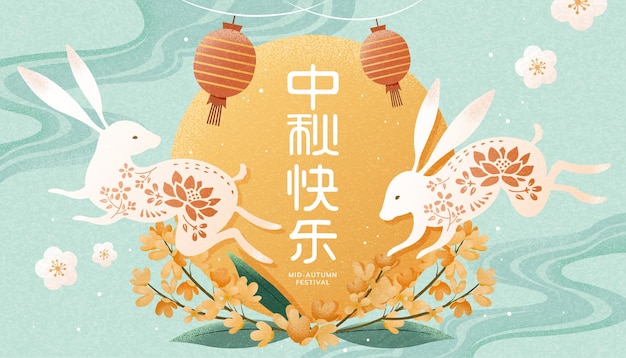 Linda ilustración del Festival del Medio Otoño con conejos saltando, luna llena y osmanthus, felices fiestas escritas en palabras chinas