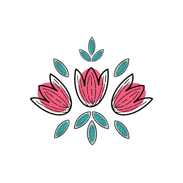 Linda ilustración con flores rosas dibujadas a mano y hojas verdes en estilo moderno para diferentes tipos de pegatinas de postales de decoración