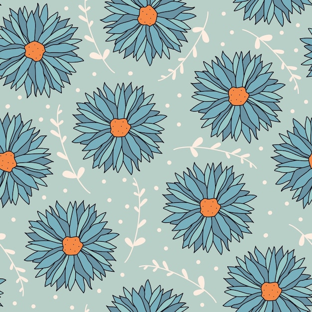 linda ilustración de fondo de patrón vectorial sin costuras con flores de color azul pastel y hojas blancas