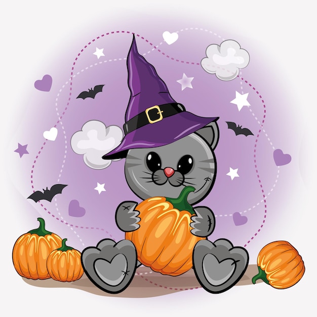 Linda ilustración de Halloween con un gato gris de dibujos animados en un sombrero de bruja con calabazas