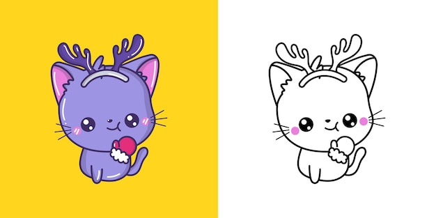 Linda ilustración de imágenes prediseñadas de gato navideño y animal navideño divertido en blanco y negro