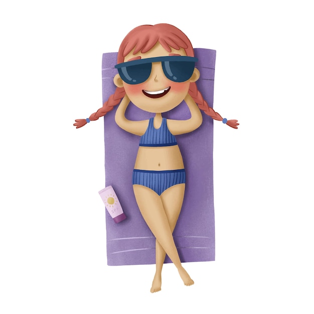 Linda ilustración infantil con una chica de dibujos animados en traje de baño y gafas que está tumbada tomando el sol