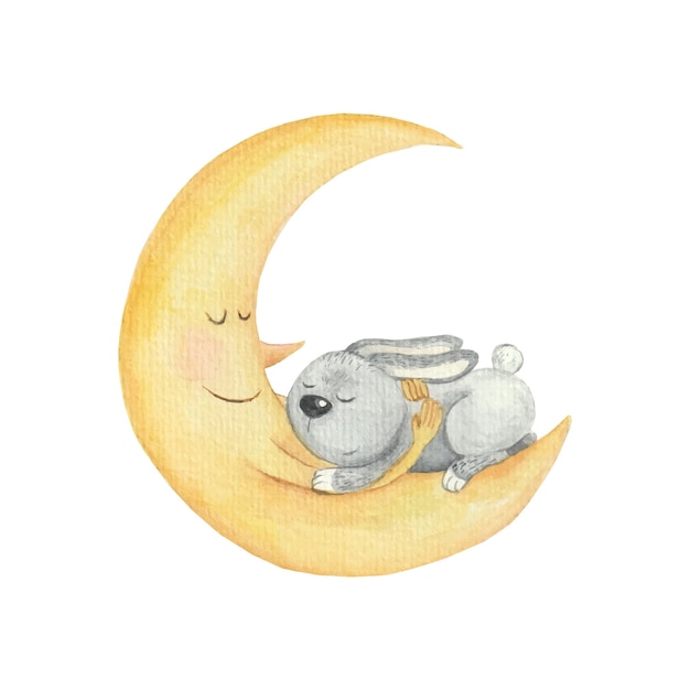 Linda ilustración infantil de un conejito durmiendo en la luna