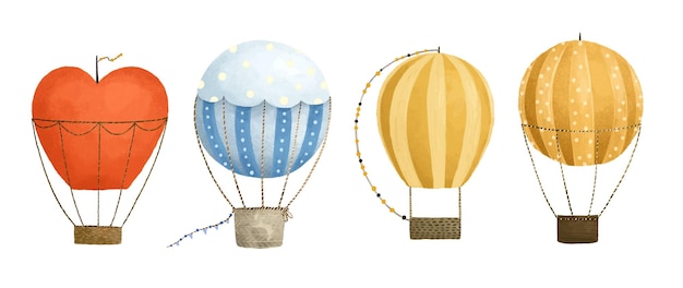 Linda ilustración infantil con viaje en globo aerostático conjunto de viaje Etiqueta engomada del arte del bebé