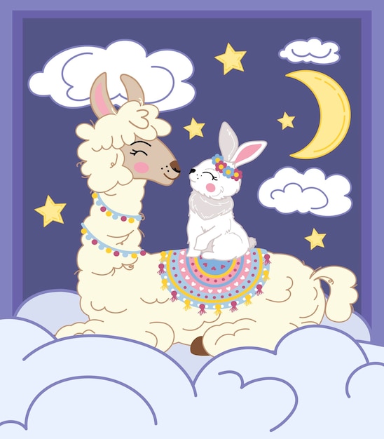 Linda ilustración de una llama con un conejo en una nube contra el fondo de la luna