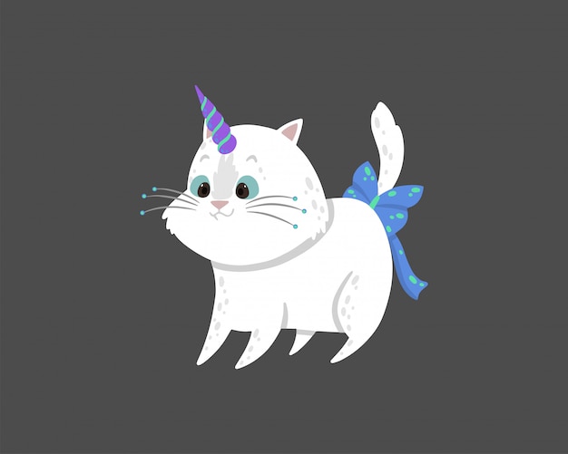 Linda ilustración con un mágico gato blanco con un cuerno de unicornio.