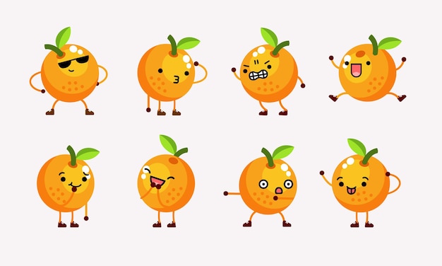 Linda ilustración de mascota de personaje naranja con diferentes poses y expresiones faciales